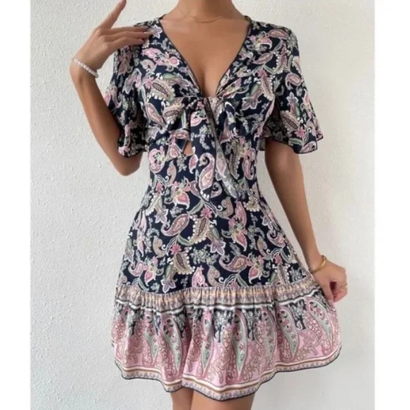 Boho navy Floral Paisley Print Butterfly Sleeve Mini Dress - Picture 5 of 12